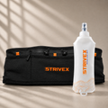 A black Strivex waist pack with orange logo accents sits behind a white Strivex hydration bottle with orange text, set against a beige background with soft window shadow patterns.