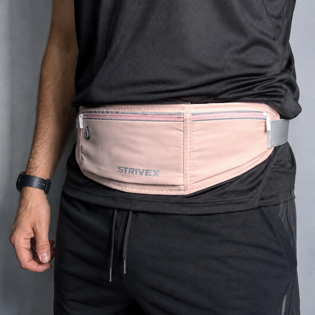 A person wearing a light pink Strivex running waist bag with a gray adjustable strap