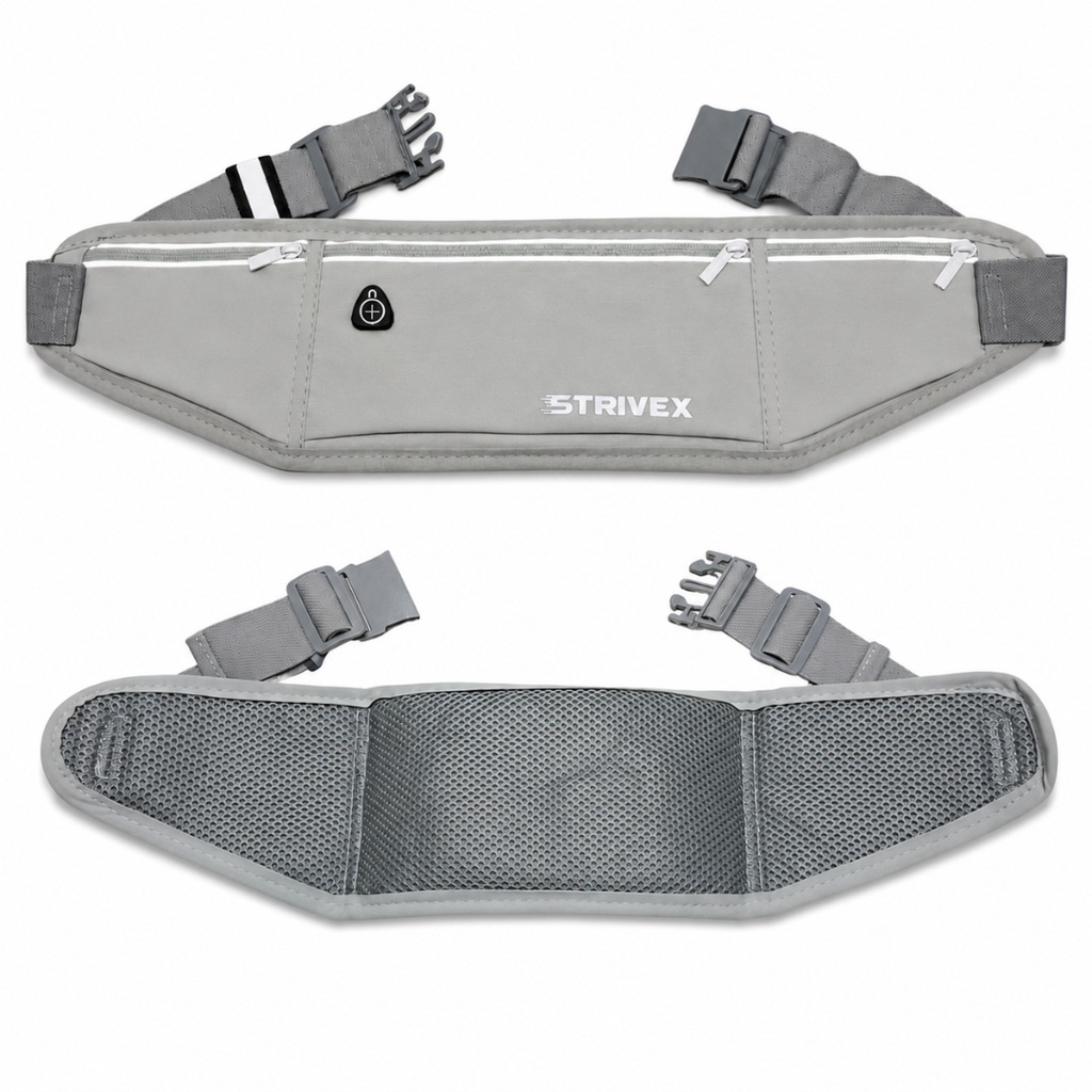 A gray Strivex running waist bag shown from two angles on a white background: one showing the front with zip pockets and buckle straps, and the other showing the breathable mesh back panel.