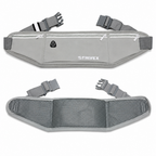 A gray Strivex running waist bag shown from two angles on a white background: one showing the front with zip pockets and buckle straps, and the other showing the breathable mesh back panel.