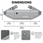 A gray Strivex waist bag shown with dimension labels and feature callouts on a white background. The image includes measurements for height, width, and pocket sizes, plus close-up texture windows labeled breathable mesh and water repellent.