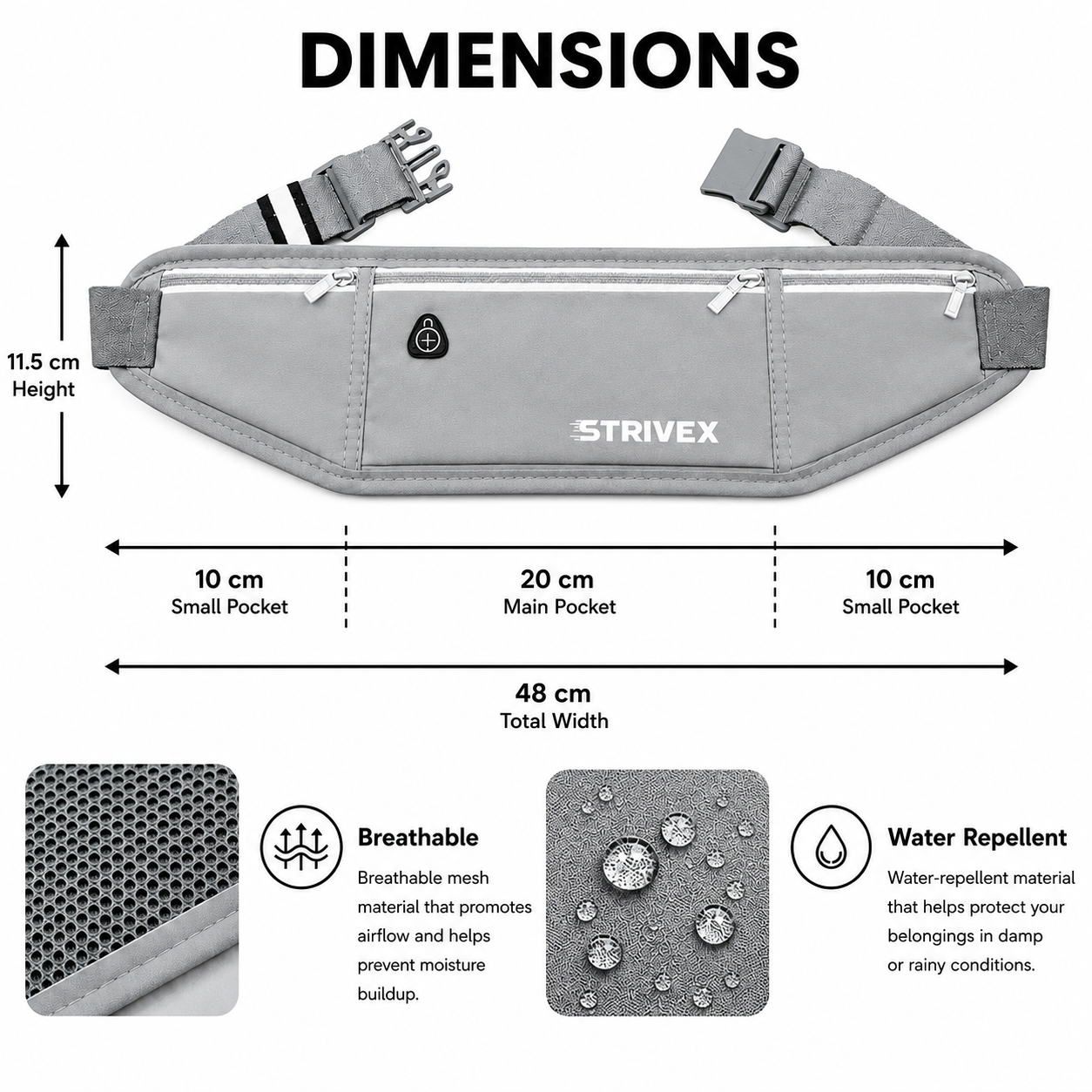 A gray Strivex waist bag shown with dimension labels and feature callouts on a white background. The image includes measurements for height, width, and pocket sizes, plus close-up texture windows labeled breathable mesh and water repellent.