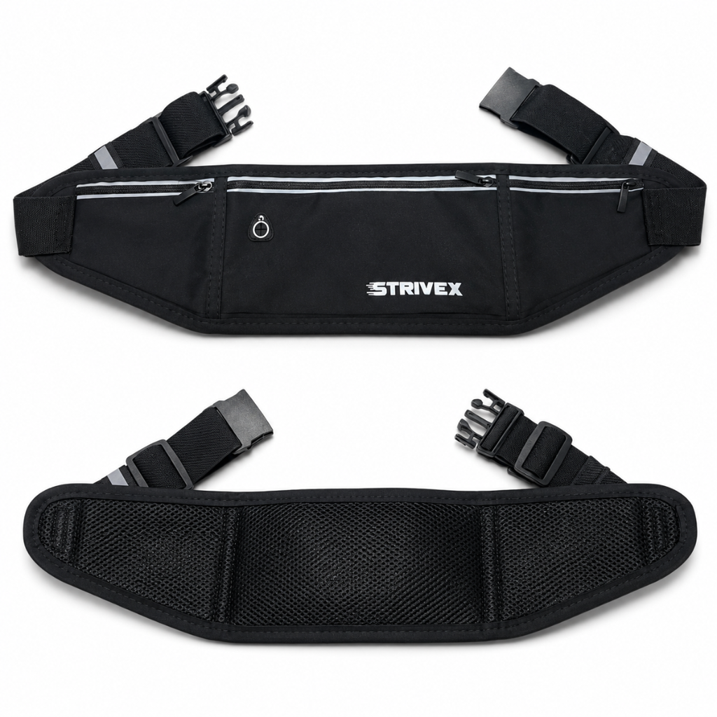 Black Strivex waist bag shown from the front and back on a white background, featuring multiple zippered compartments, reflective straps, and adjustable hook-and-loop buckles.
