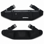 Black Strivex waist bag shown from the front and back on a white background, featuring multiple zippered compartments, reflective straps, and adjustable hook-and-loop buckles.