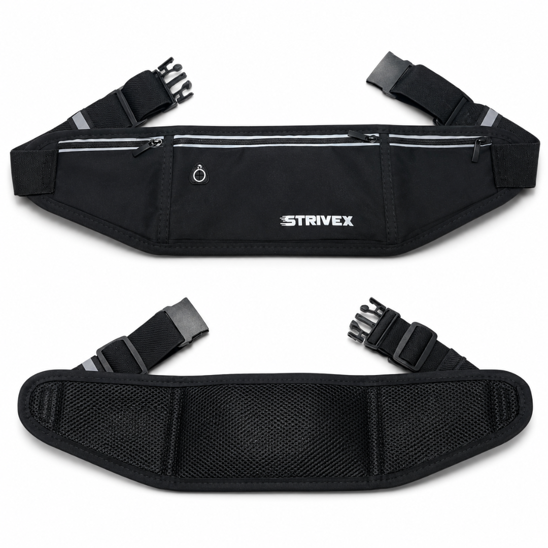 Black Strivex waist bag shown from the front and back on a white background, featuring multiple zippered compartments, reflective straps, and adjustable hook-and-loop buckles.