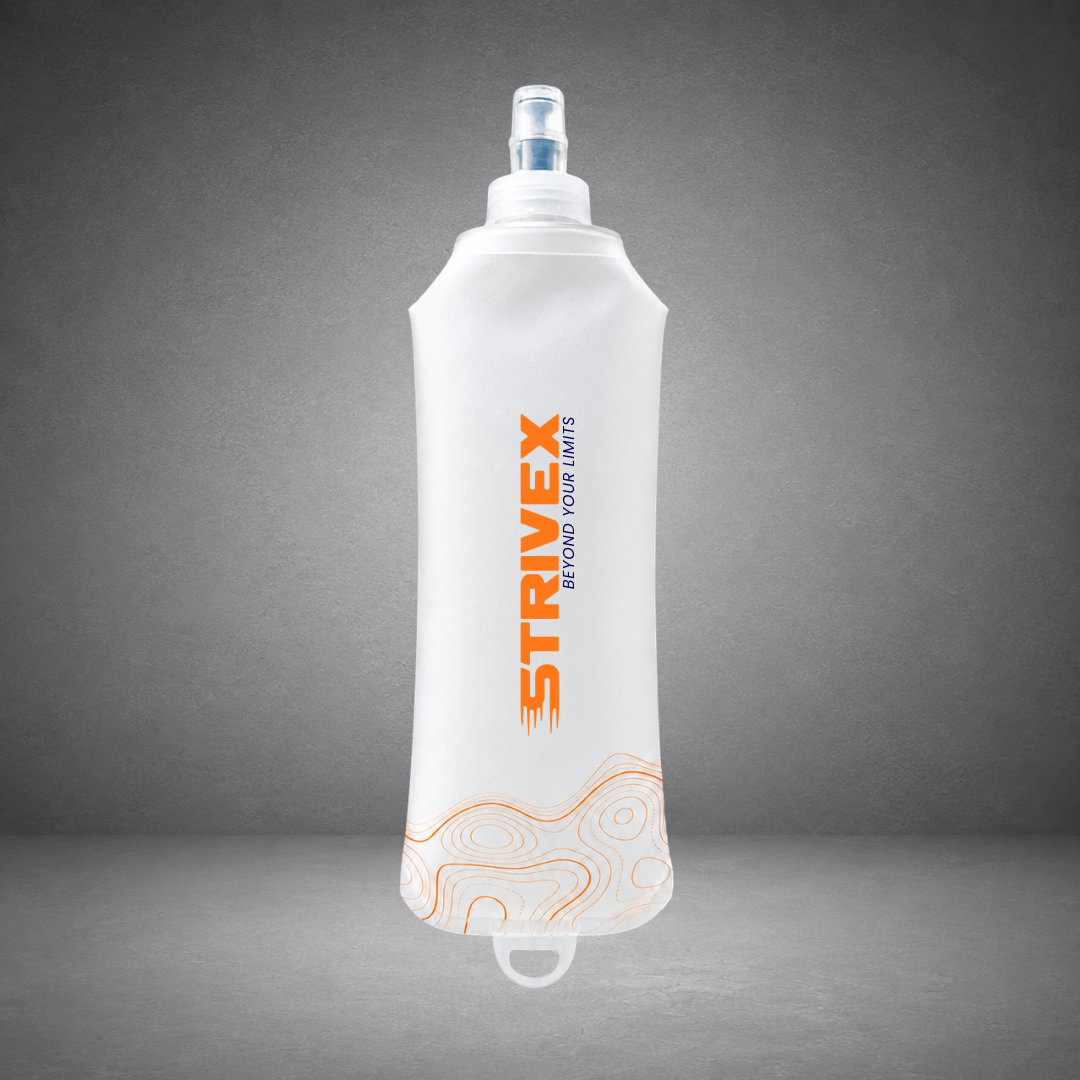 White water bottle soft flask pouch with 'STRIVEX' branding on a gray background