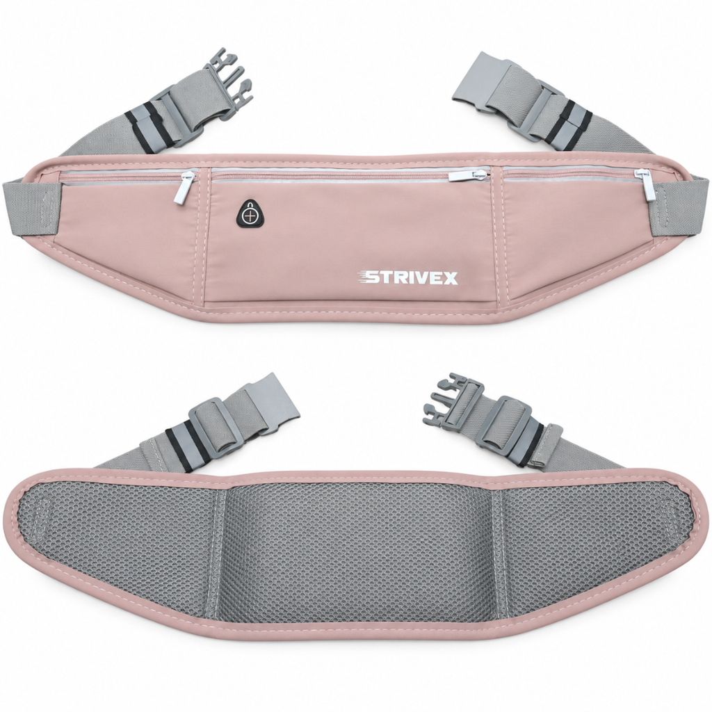 A pink and gray Strivex waist bag shown from two angles: the front view with a zippered pocket and the back view showing the breathable mesh padding and adjustable straps.