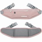 A pink and gray Strivex waist bag shown from two angles: the front view with a zippered pocket and the back view showing the breathable mesh padding and adjustable straps.