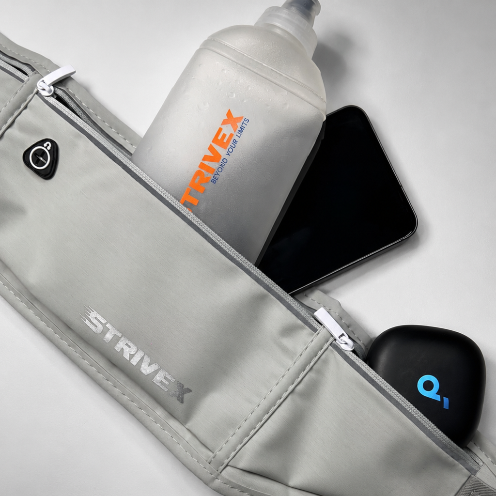 A light gray Strivex waist pack shown in a close-up product shot, filled with a translucent water bottle, a black smartphone, and a small black earbud case. The Strivex brand name is visible on the pack and bottle.