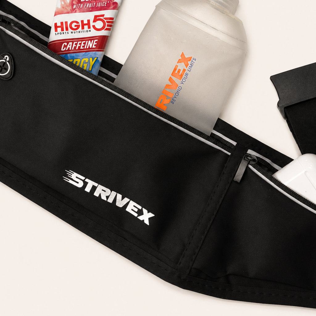 Black Strivex waist pack pouch shown with a white bottle and a tube of energy drink tucked into the compartments, on a light beige background.